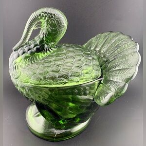 Vintage L.E. Smith Turkey Green Heavy Glass Candy Dish with Lid